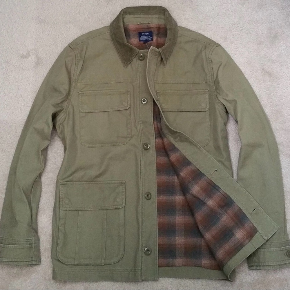 NWT J Crew Barn Jacket Flannel Lined Corduroy Collar Olive Green Small